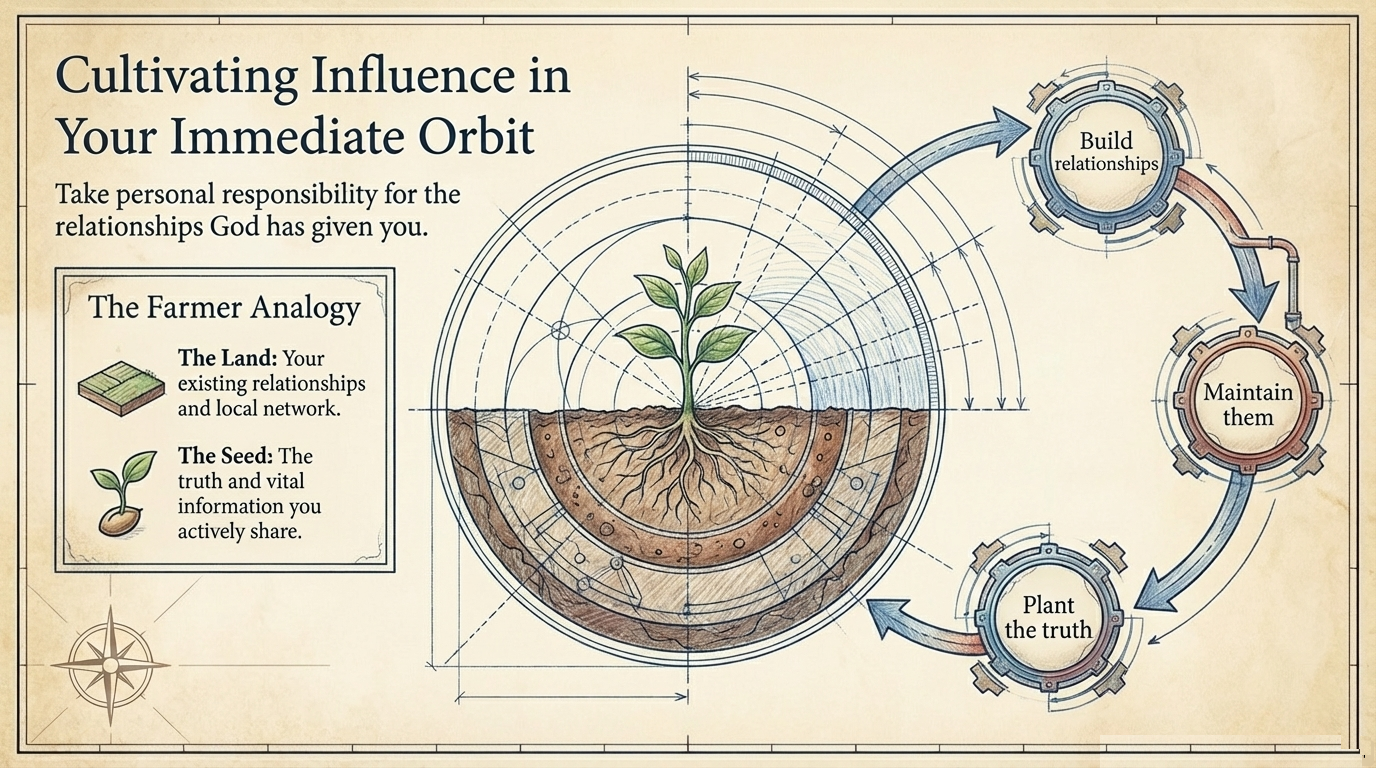 Farmer analogy diagram: your existing relationships are the land, the truth you share is the seed, with a build-maintain-plant cycle.
