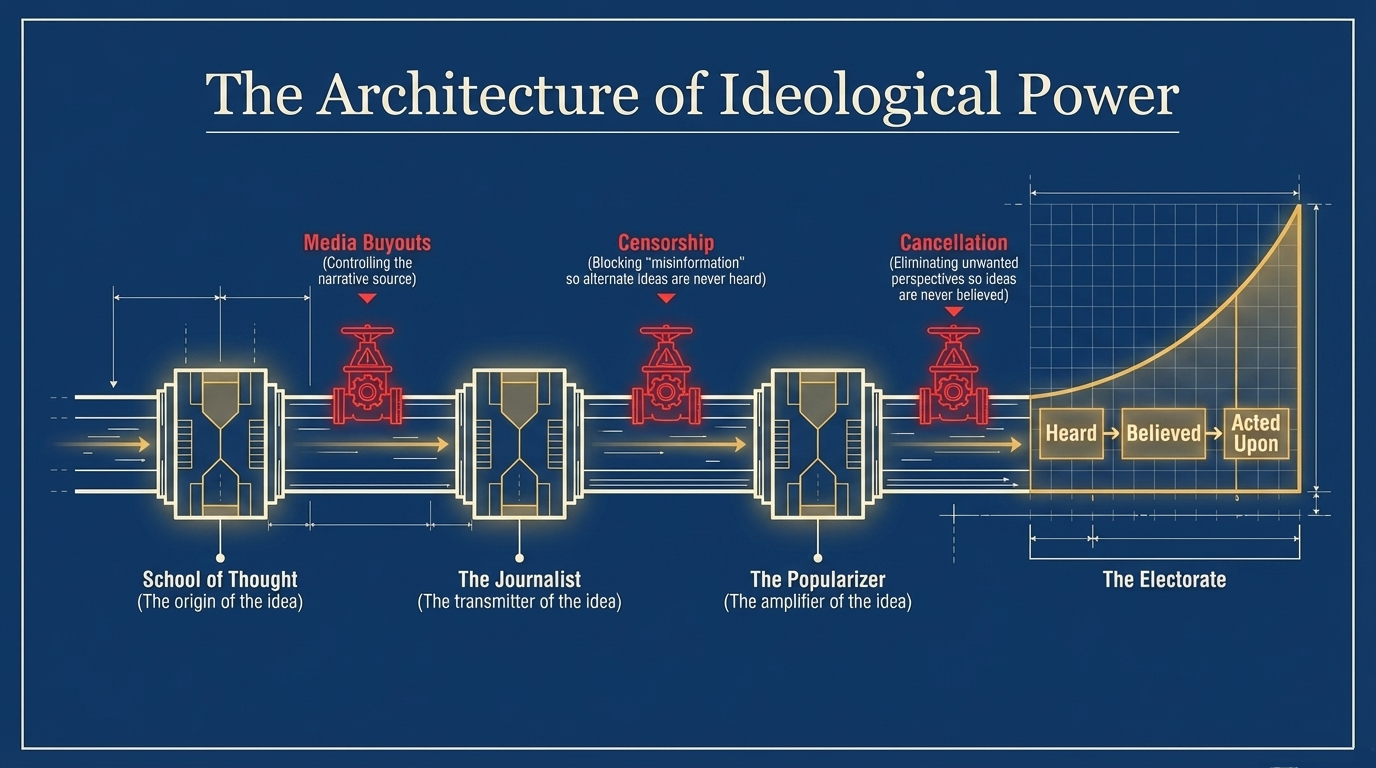 Diagram showing an idea moving from a school of thought to a journalist to a popularizer to the electorate, with media buyouts, censorship, and cancellation as the valves that block each stage.